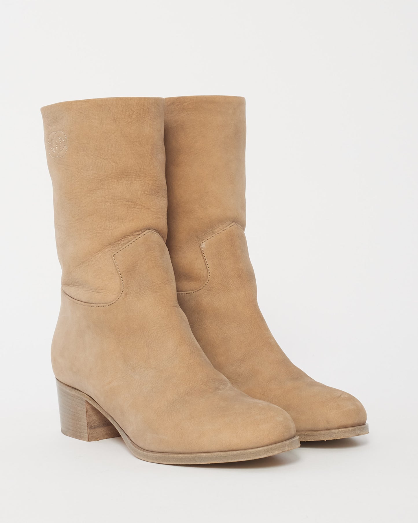 Chanel Light Beige Suede Logo Stitch Ankle Booties - 36.5