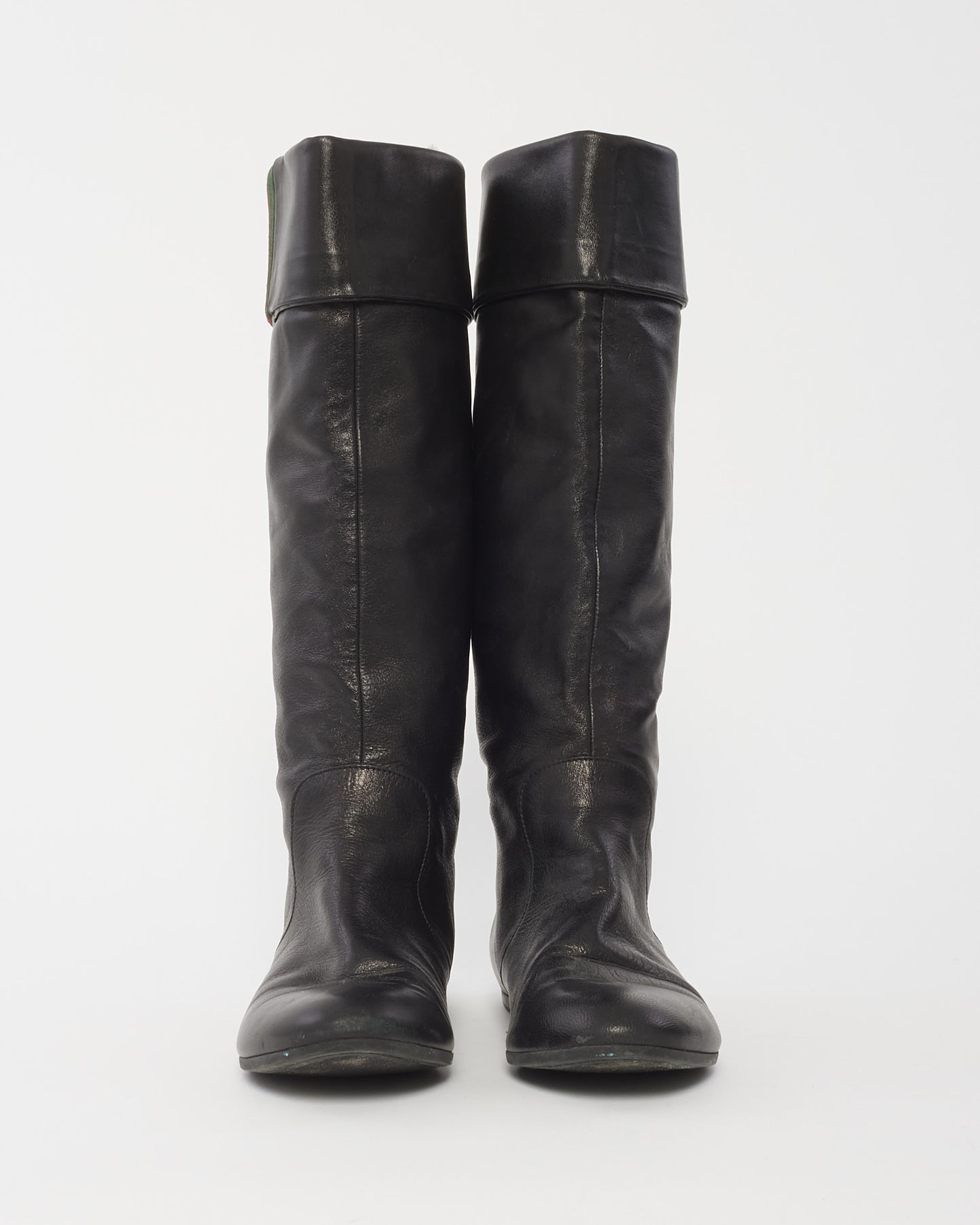 Gucci Black Leather Foldover Web Knee-High Boots -37