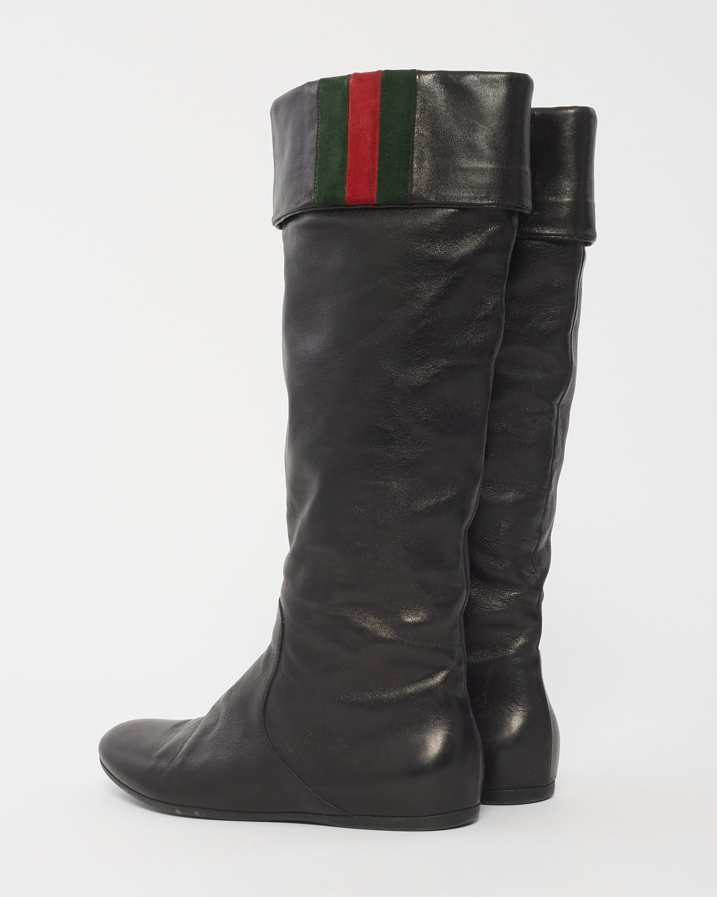 Bottes hauteur genou Web repliées en cuir noir Gucci -37
