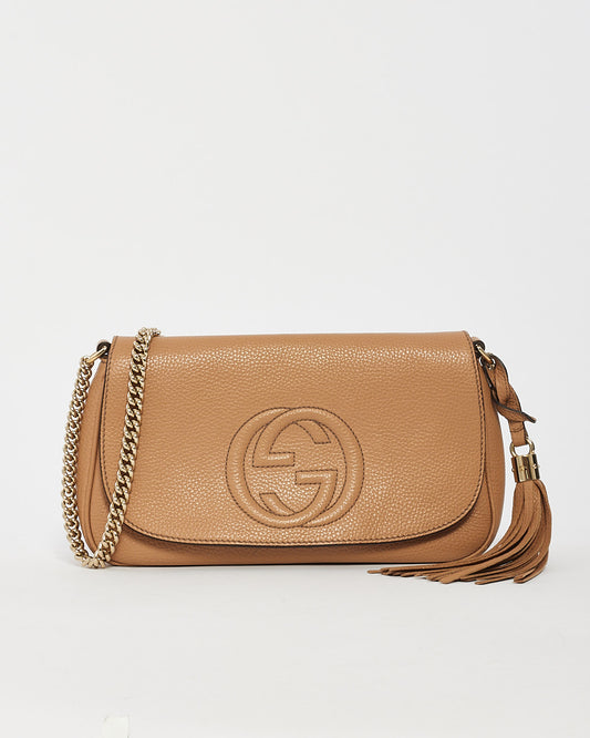 Gucci Tan Leather Soho Medium Flap Chain Crossbody Bag