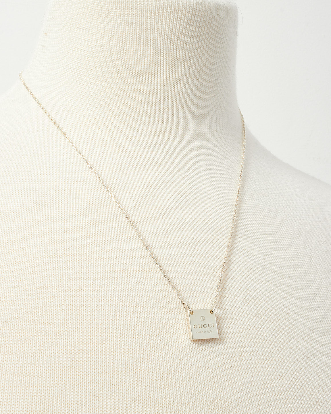 Gucci Silver Square Tag Plate Logo Engraved Necklace