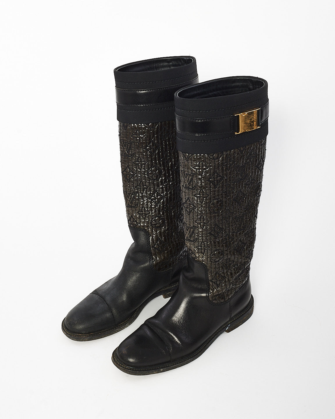 Louis Vuitton Botte au genou monogramme en cuir noir - 35,5