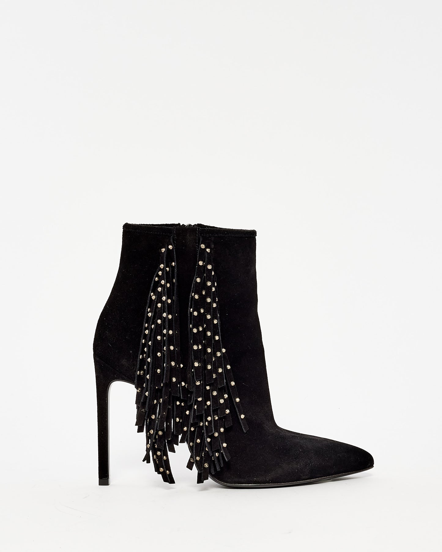 Saint Laurent Black Suede Fringe & Stud Stiletto Booties - 36
