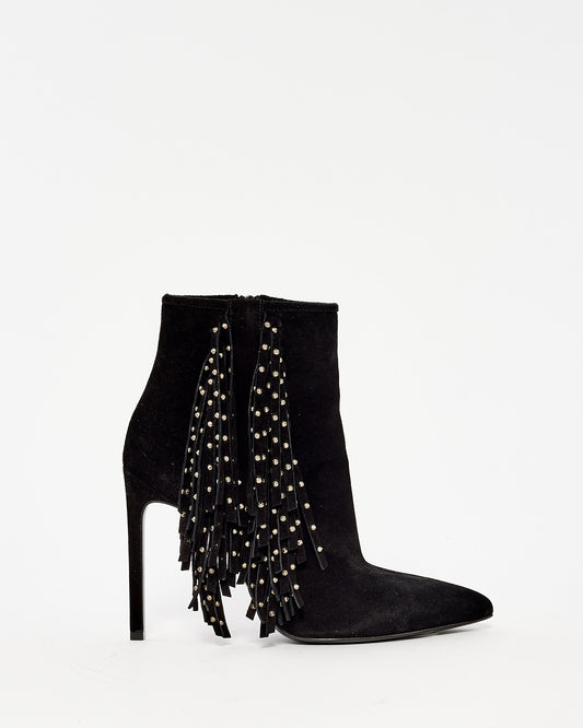 Saint Laurent Black Suede Fringe & Stud Stiletto Booties - 36