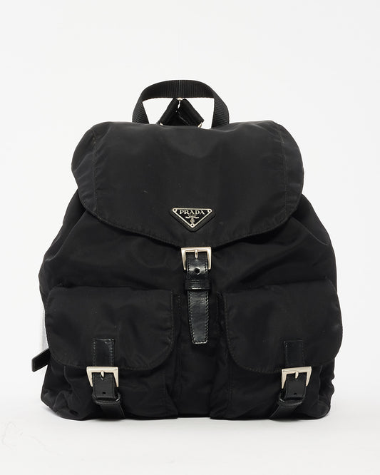 Prada Black Nylon Double Front Pocket Drawstring Backpack