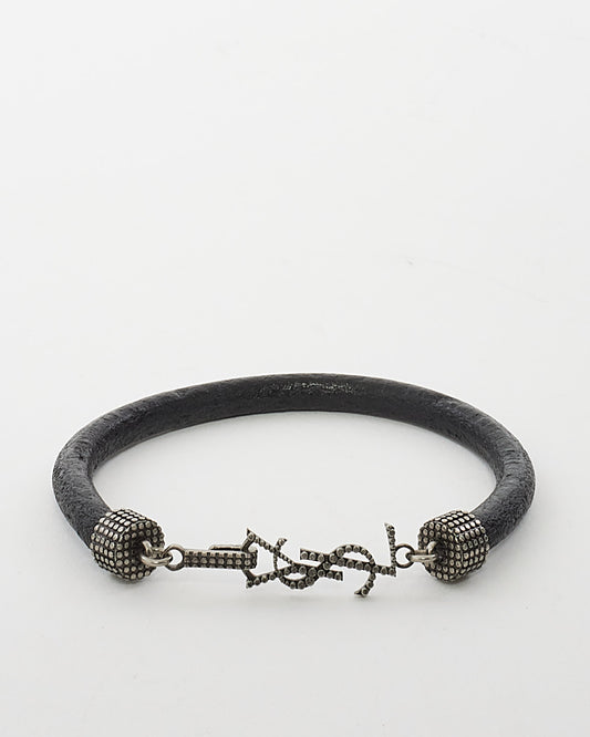 Bracelet Saint Laurent en cuir noir et logo en métal