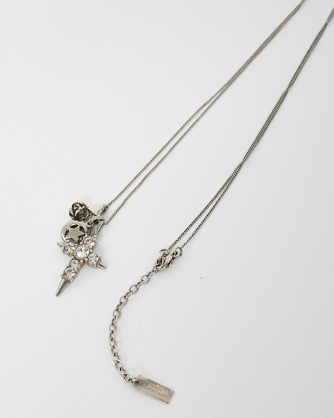 Saint Laurent Silver Crystal Cross Moon & Wishbone Necklace