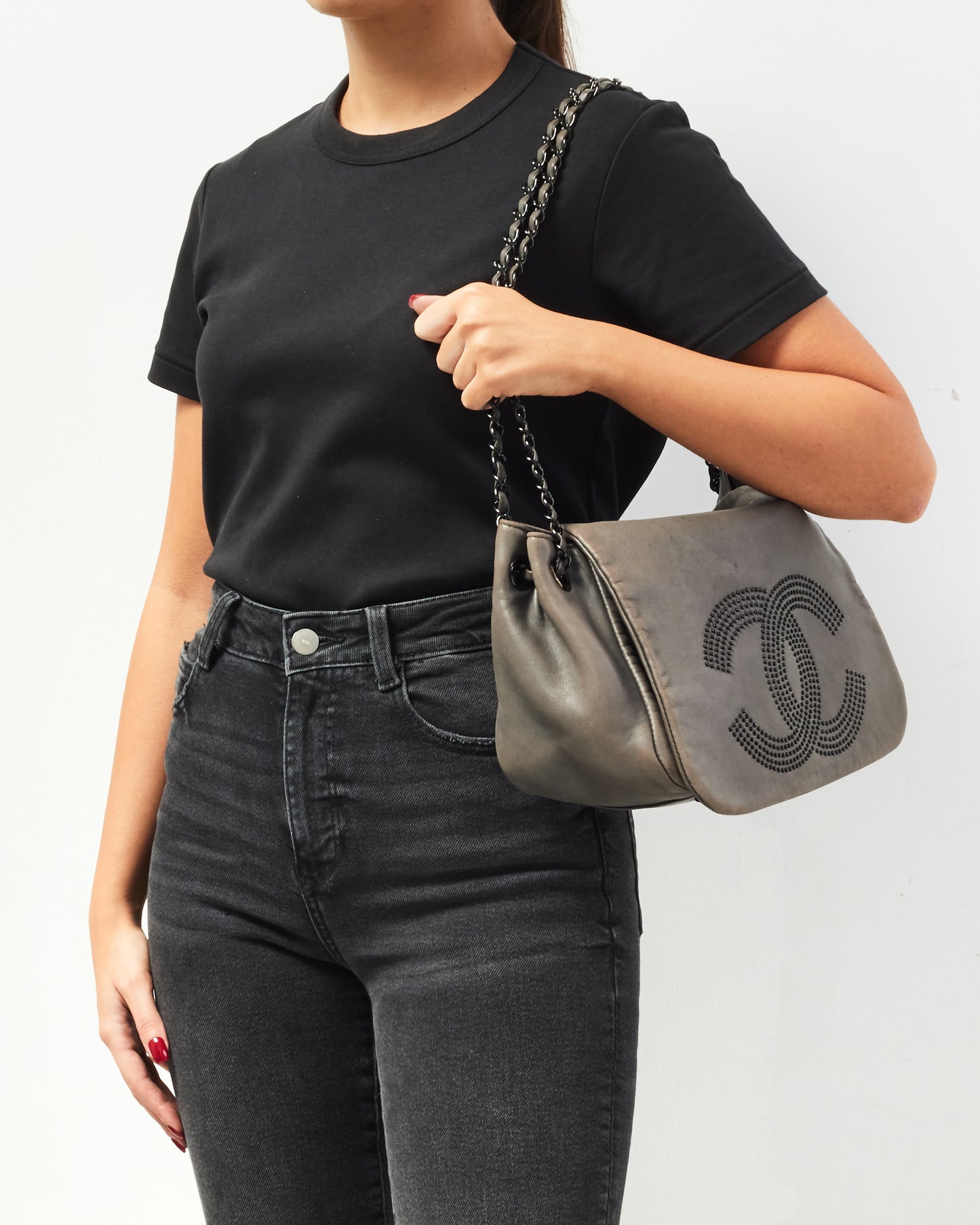 Chanel Grey Leather Studded CC Accordion Bag