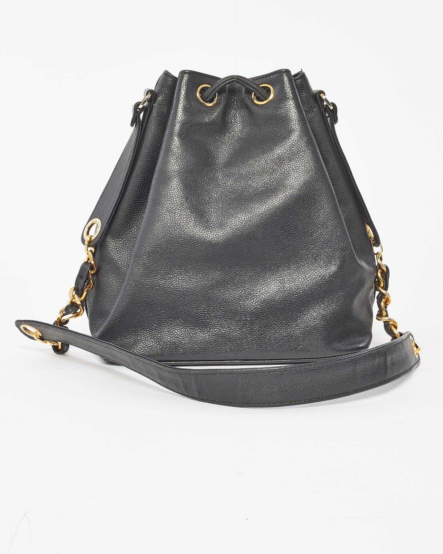 Chanel Black Leather CC Logo Drawstring Bucket Bag