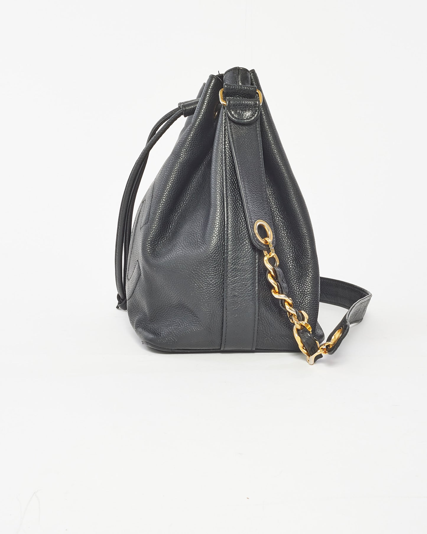 Chanel Black Leather CC Logo Drawstring Bucket Bag