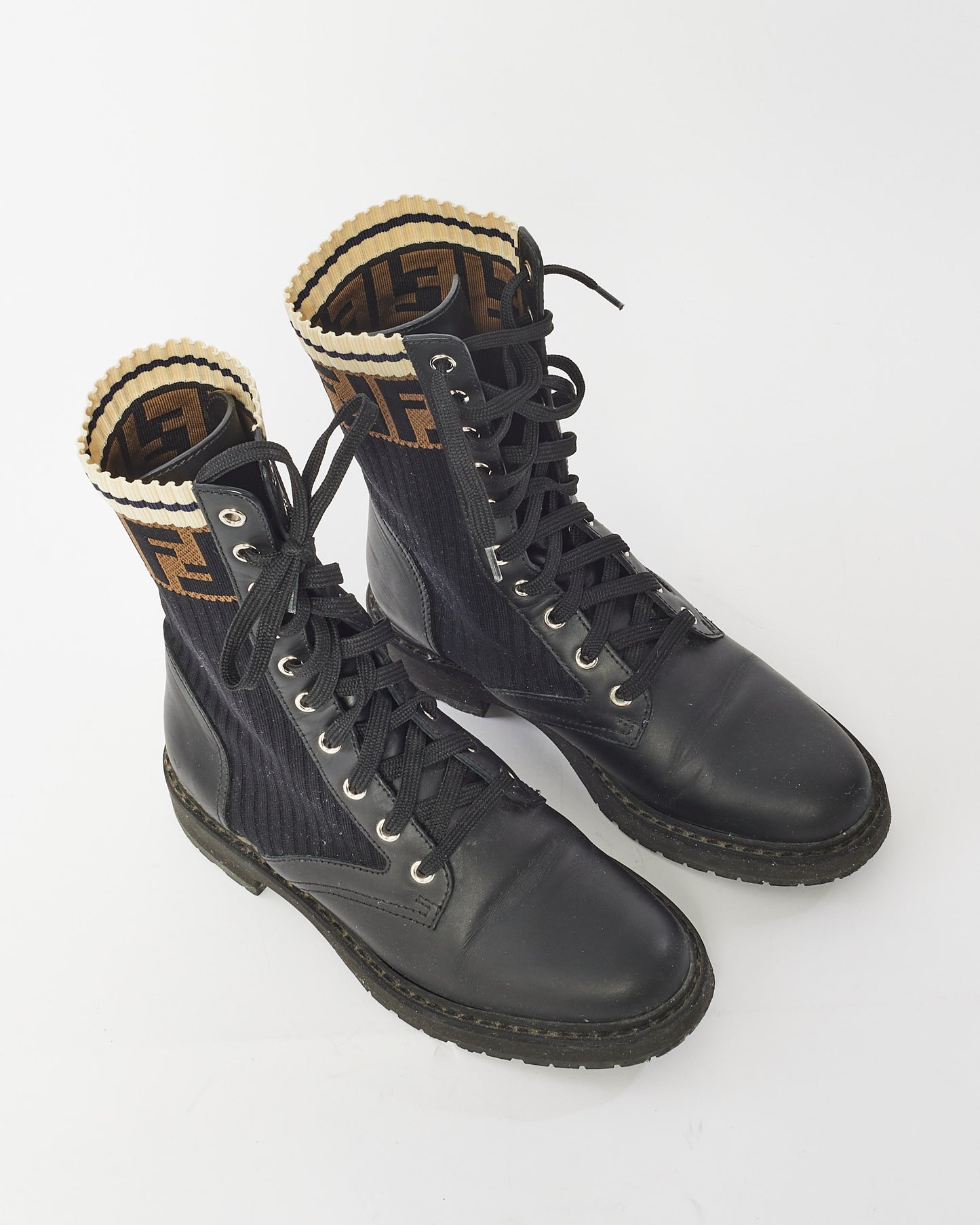 Fendi Black Leather & Fabric  Rokoko Combat Boots - 37