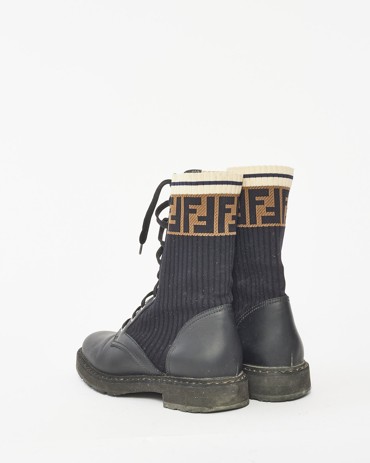 Fendi Black Leather & Fabric  Rokoko Combat Boots - 37