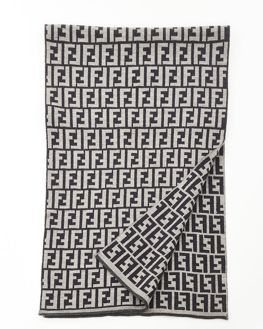 Fendi Grey & Black Wool Blend FF Logo Jacquard Scarf