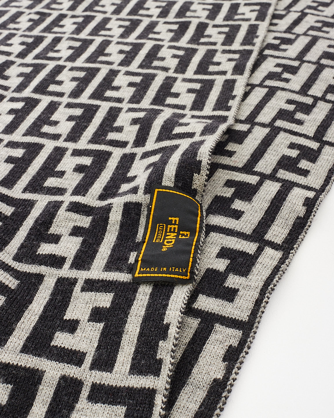 Fendi Grey & Black Wool Blend FF Logo Jacquard Scarf