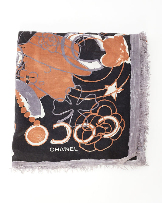 Chanel Black & Brown Abstract Print Camellia and CC Logo Scarf