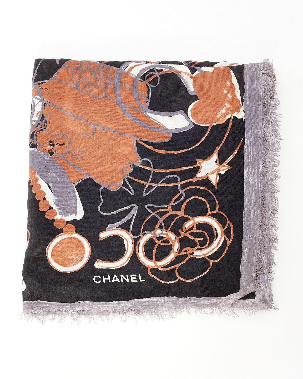 Écharpe Chanel à imprimé abstrait noir et marron avec logo CC et camélia