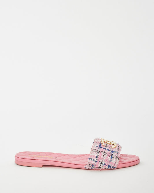 Chanel Pink Multi Leather & Tweed Logo Flat Sandals - 41