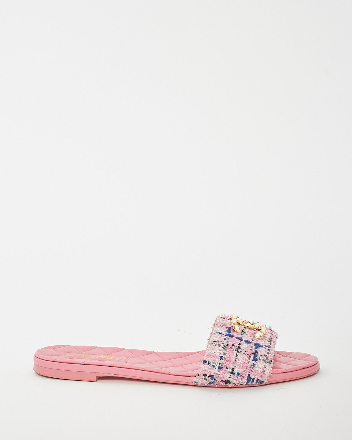 Chanel Pink Multi Leather & Tweed Logo Flat Sandals - 41