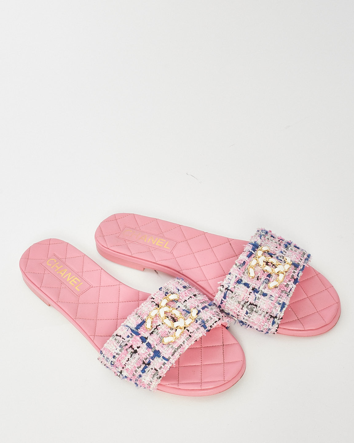 Sandales plates avec logo en cuir et tweed multicolores roses Chanel - 41