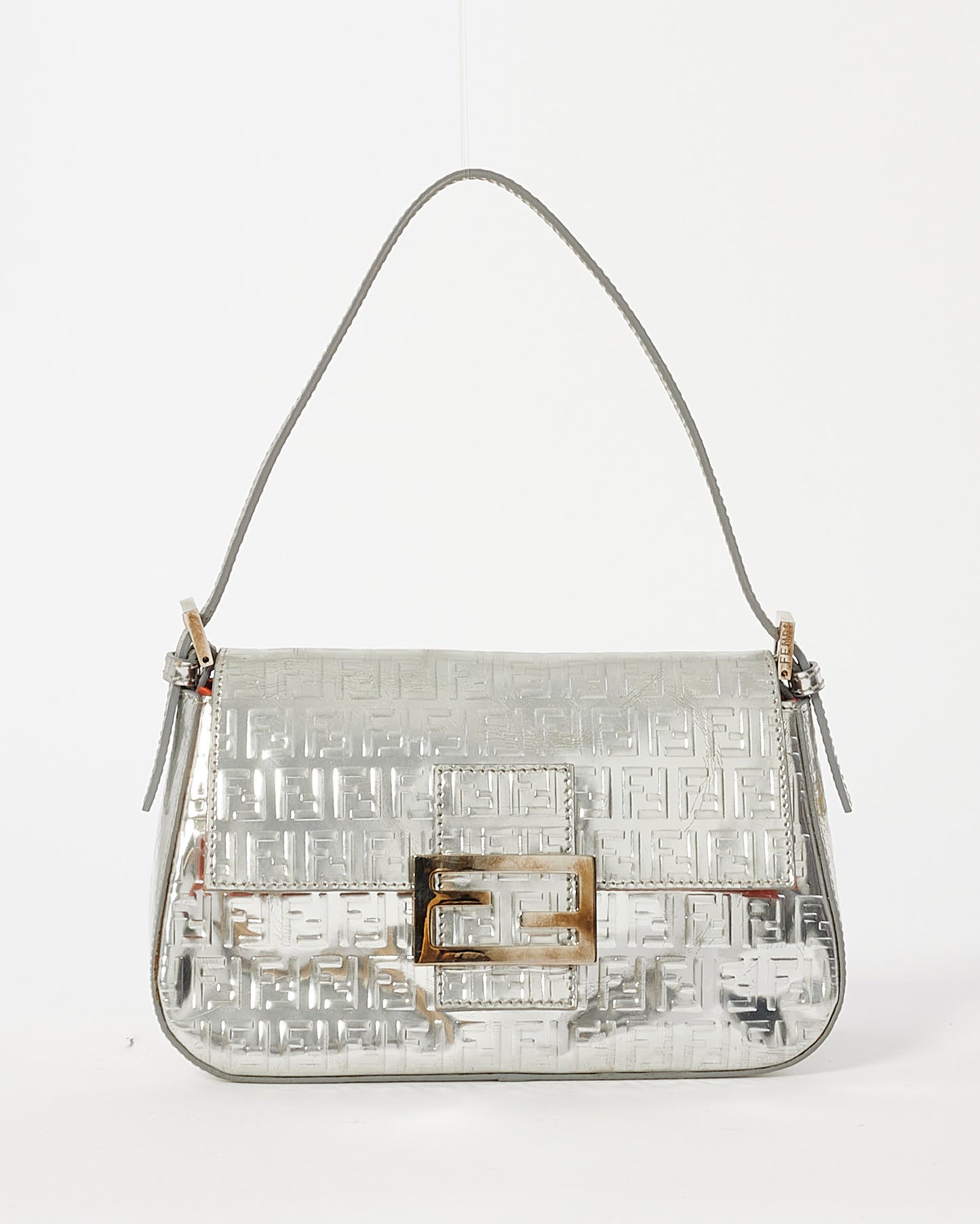 Fendi Silver Leather Zucchino Print Mini Shoulder Bag