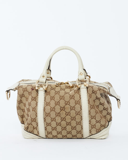 Gucci Brown GG Canvas & White Horsebit Nail Boston Shoulder Bag