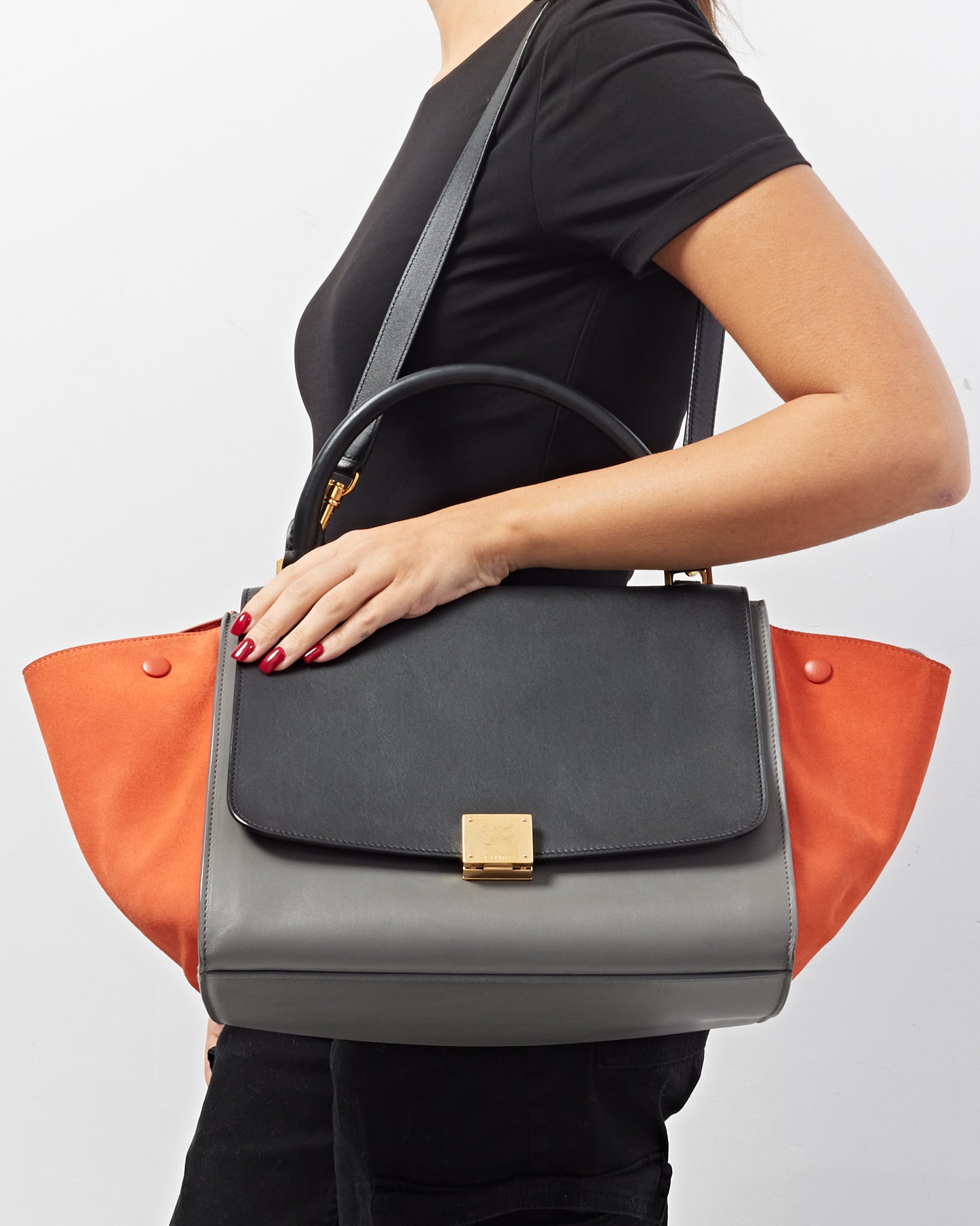 Celine Grey Orange Black Leather & Suede Trapeze Bag