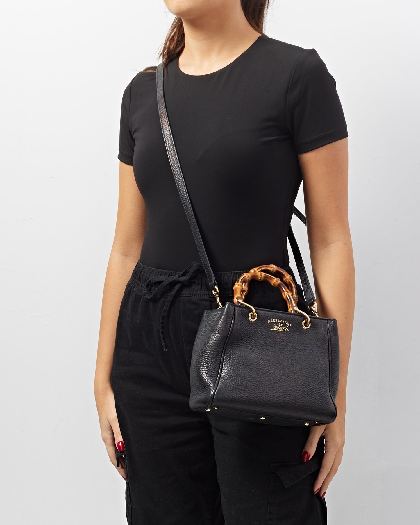 Gucci Black Leather Bamboo Handle Mini Top Handle Bag