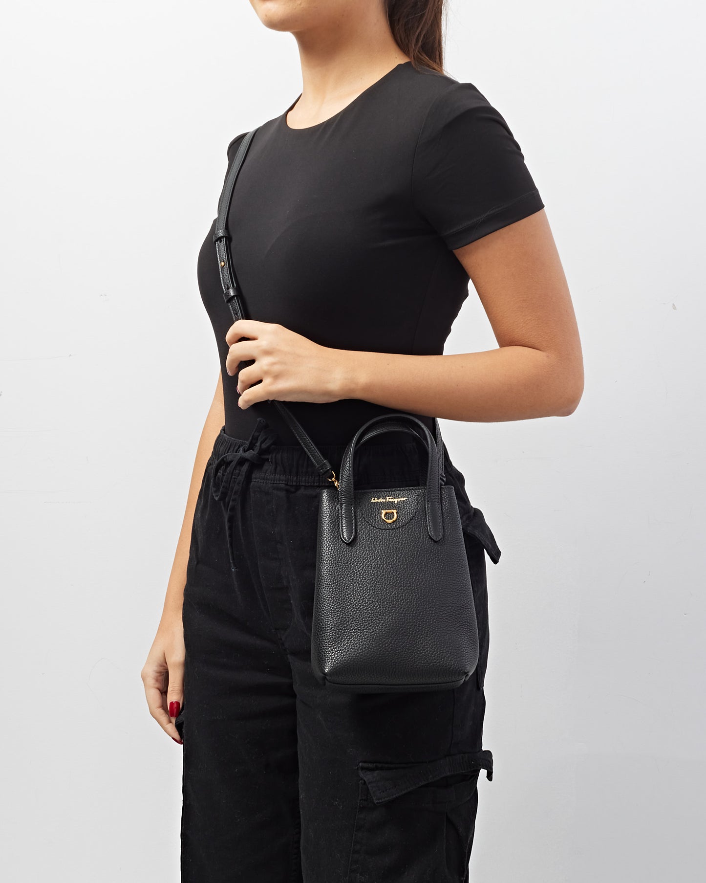 Ferragamo Black Leather Mini Grancini Crossbody Bag