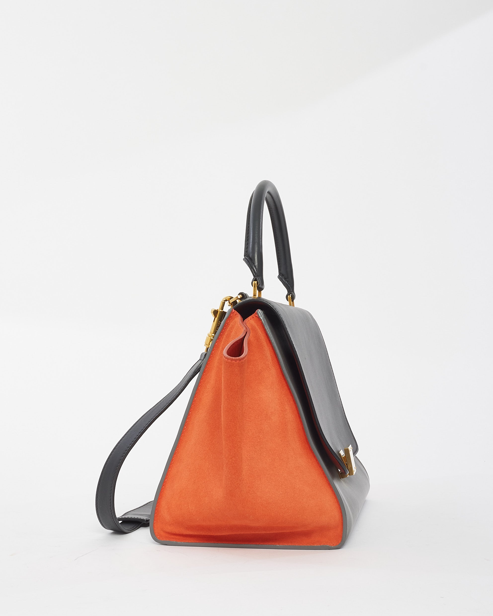 Explore a Celine Grey Orange Black Leather & Suede Trapeze Bag