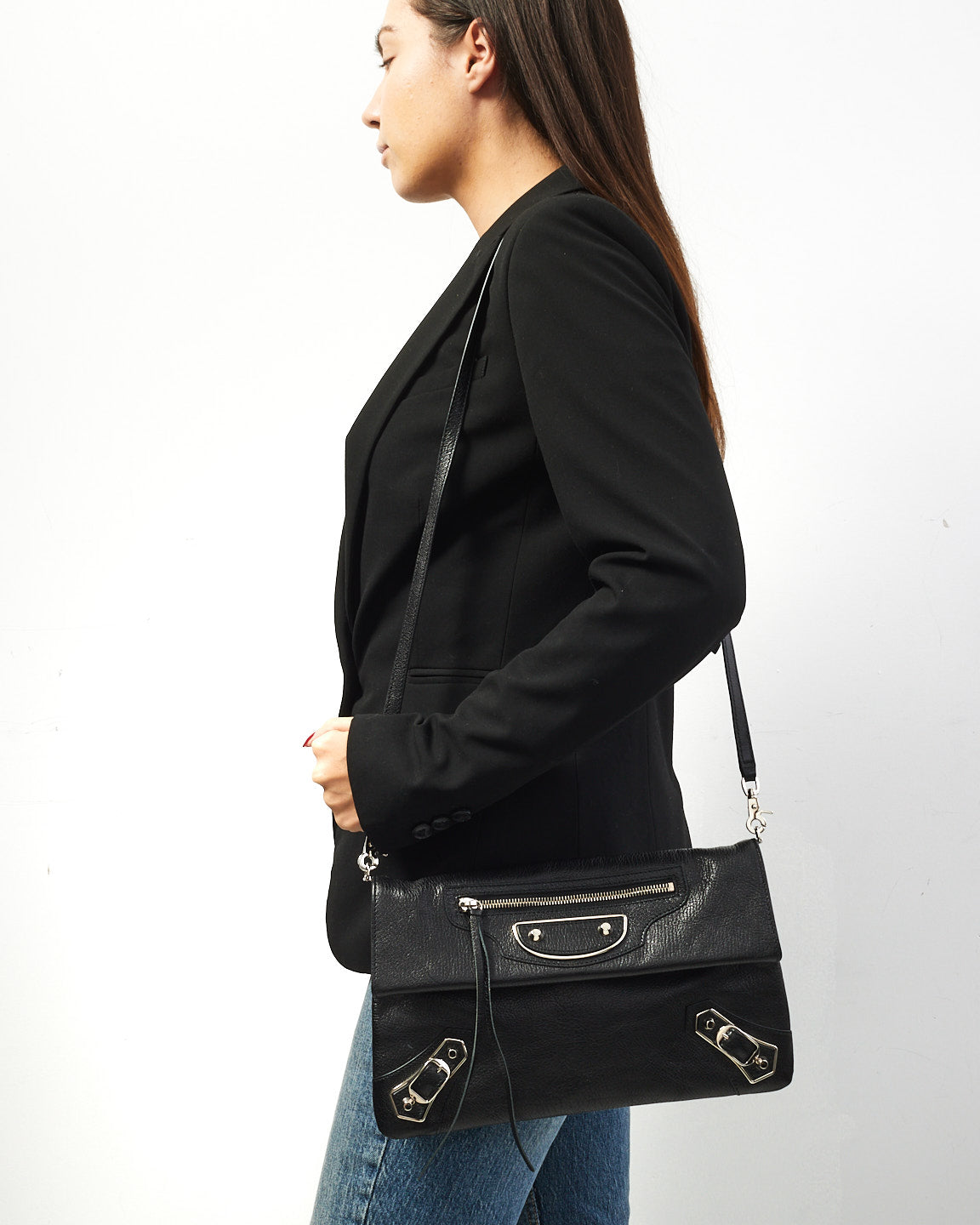 Balenciaga Black Leather City Clutch W/ Strap
