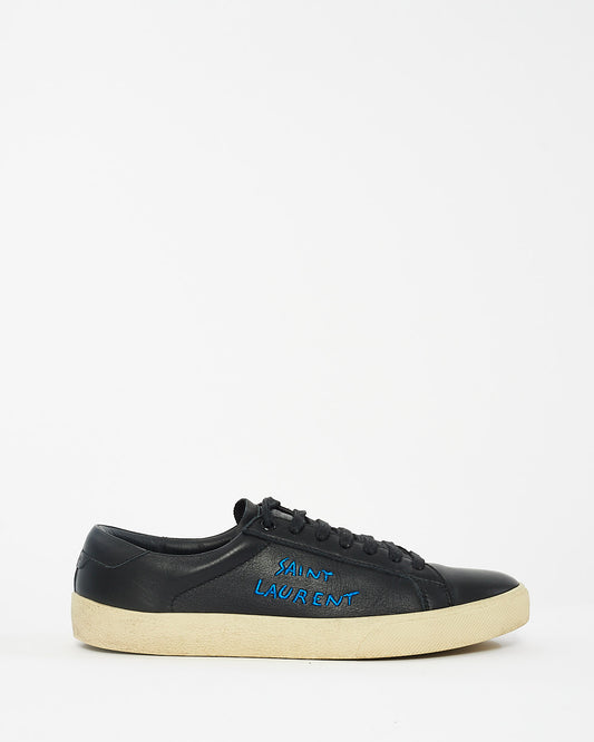 Saint Laurent Black Leather Blue Embroidered Sneakers - 41