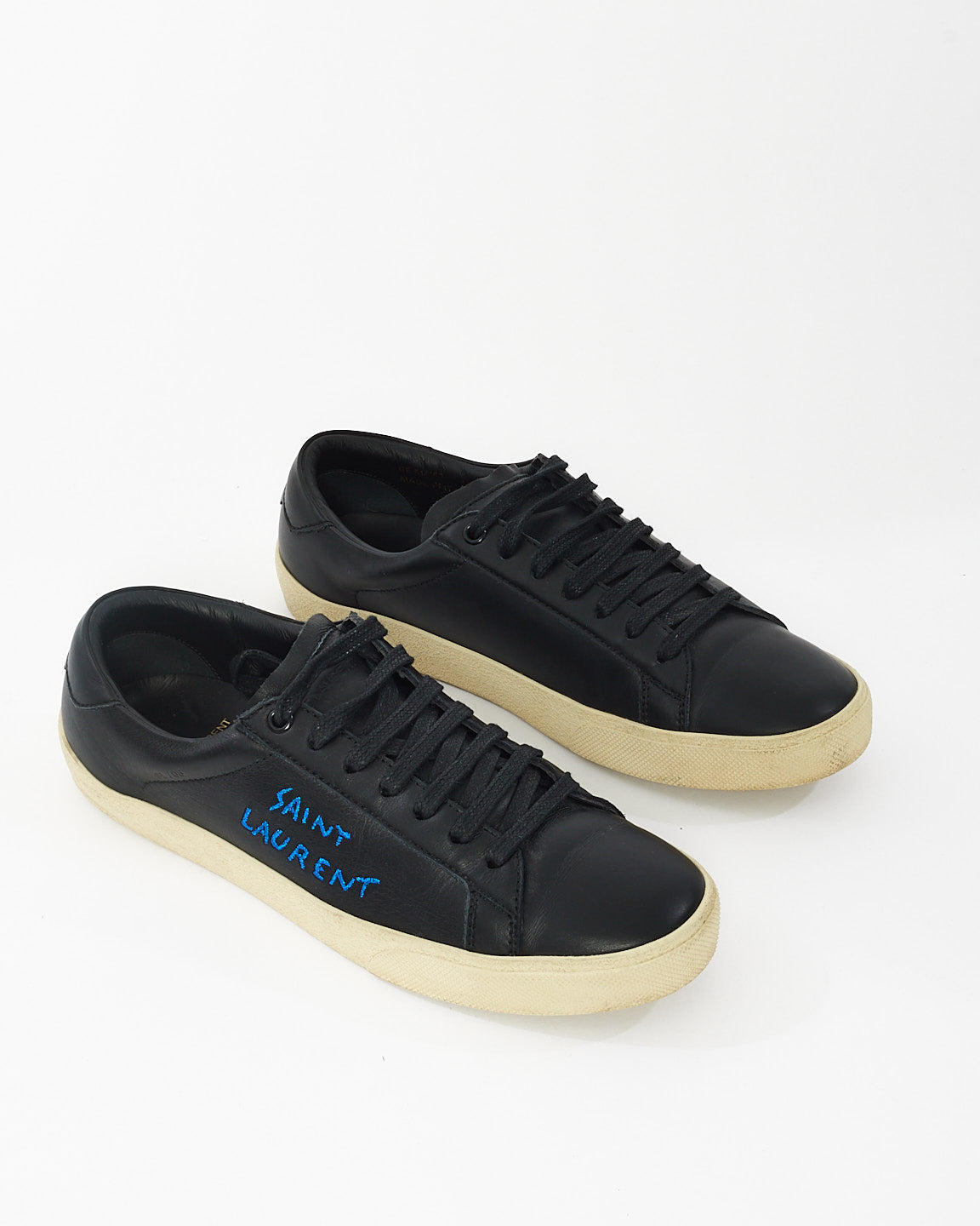 Saint Laurent Black Leather Blue Embroidered Sneakers - 41