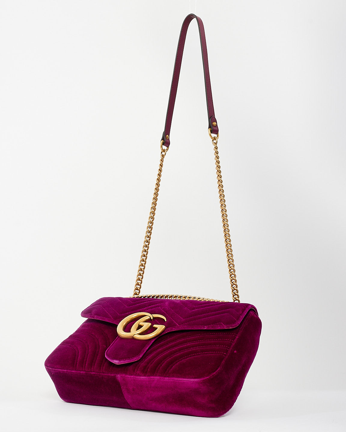 Gucci Fuschia Matelassé Velvet Medium GG Marmont Shoulder Bag