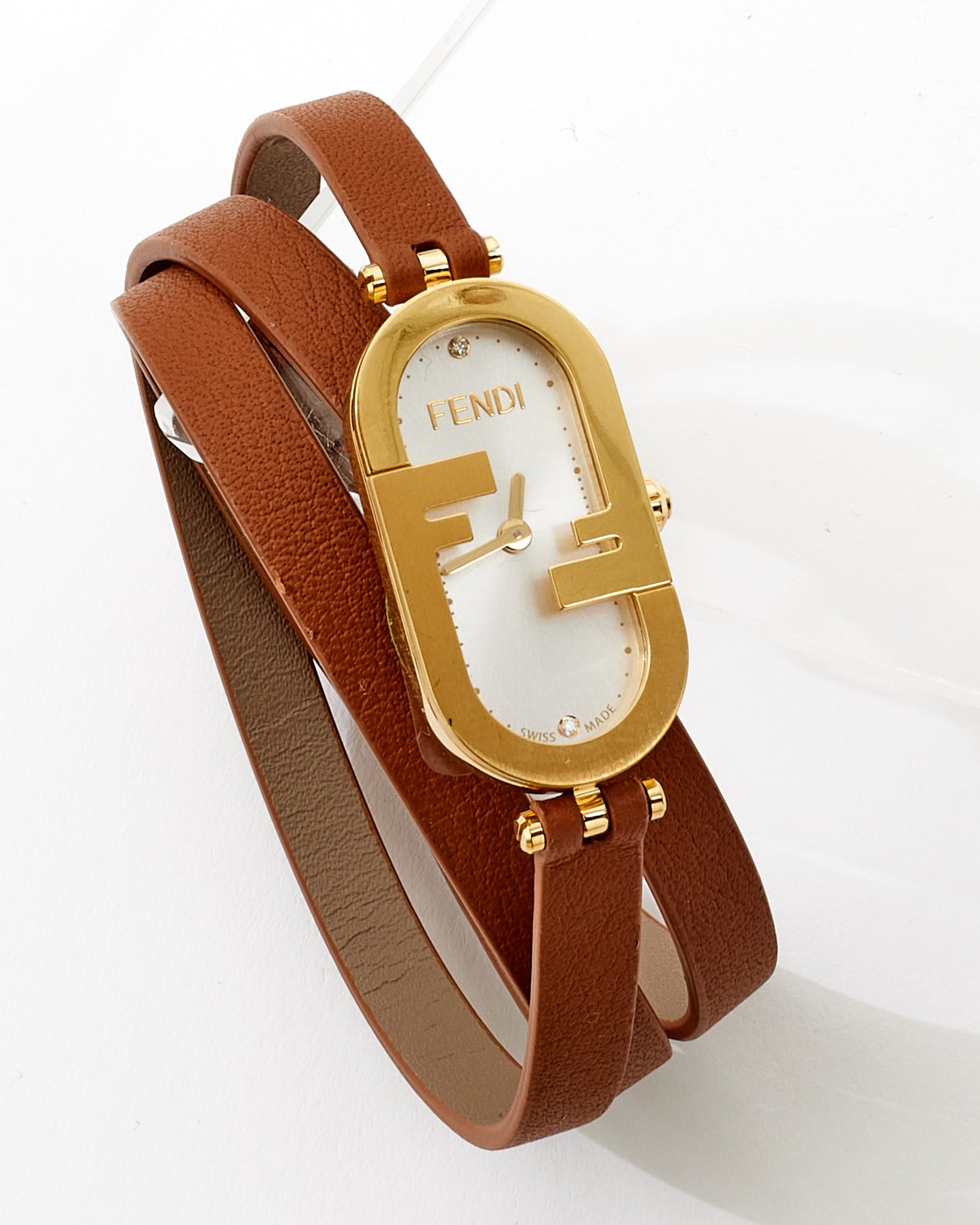 Fendi Brown Leather & Gold O'Lock Oval Double Strap Logo Watch