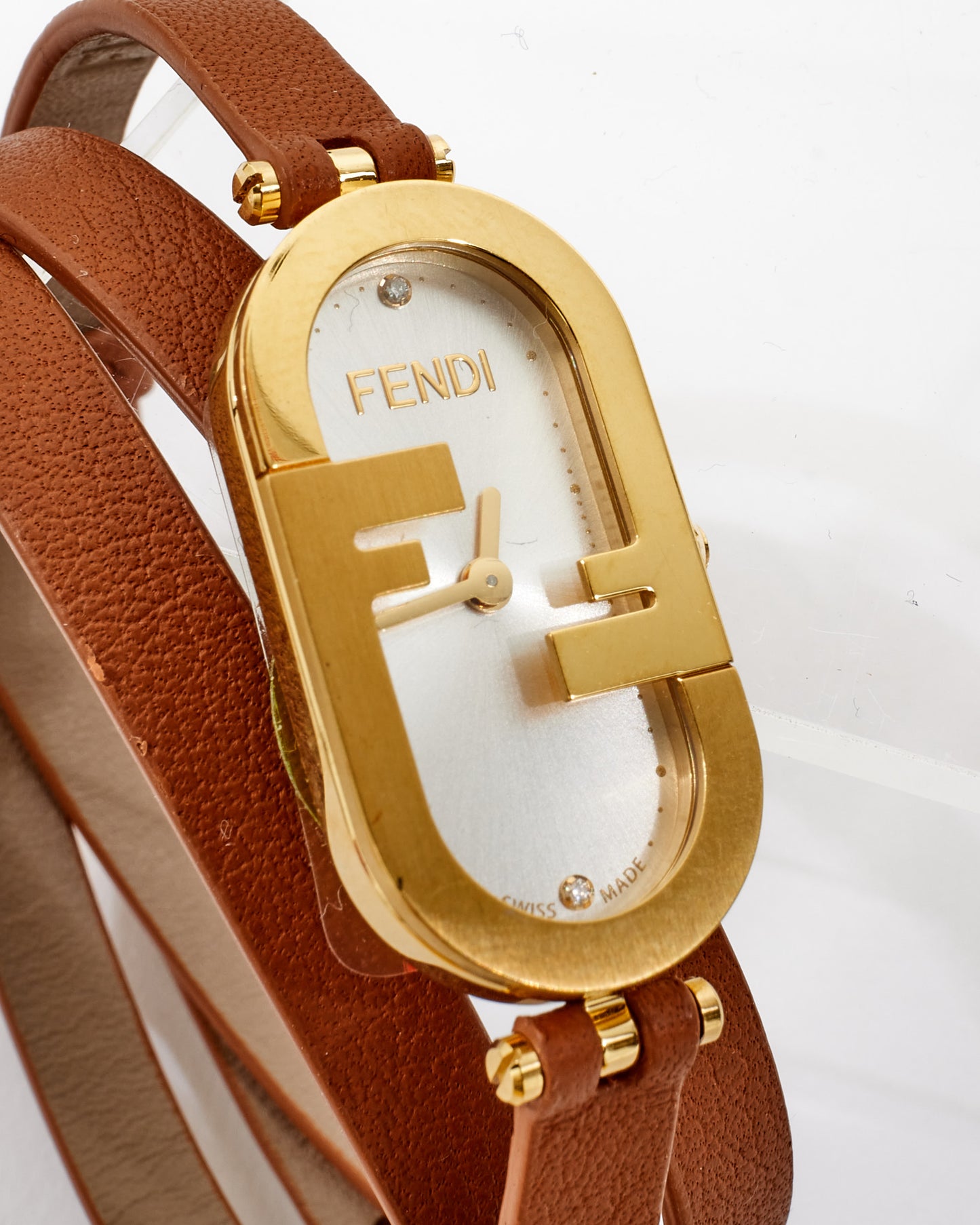 Fendi Brown Leather & Gold O'Lock Oval Double Strap Logo Watch