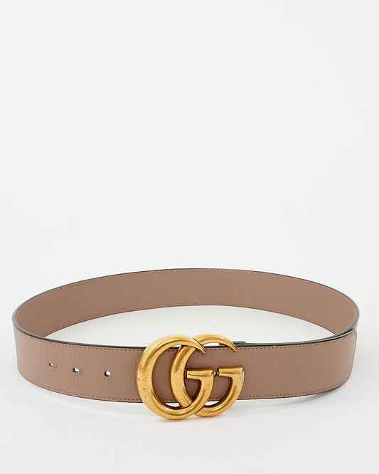 Gucci Beige Smooth Leather Brushed Gold Double GG Marmont Belt - 80/32