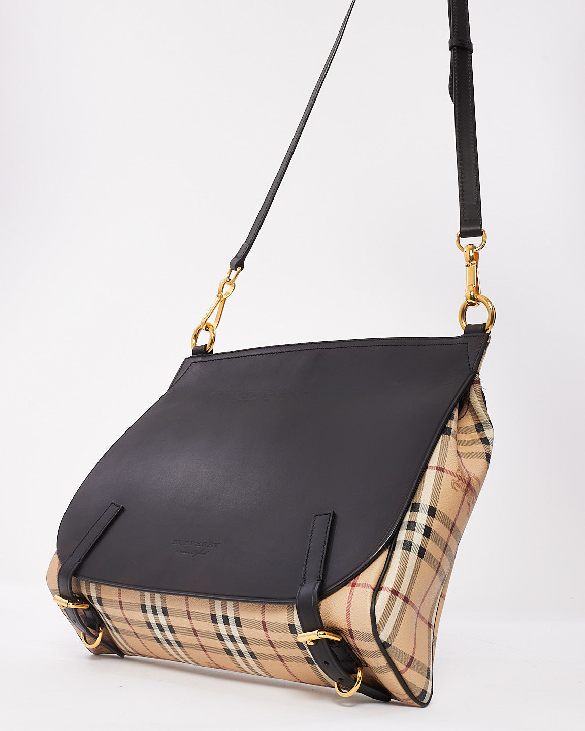 Burberry Black Leather & Haymarket Check Large Flap Bridle Messenger Bag