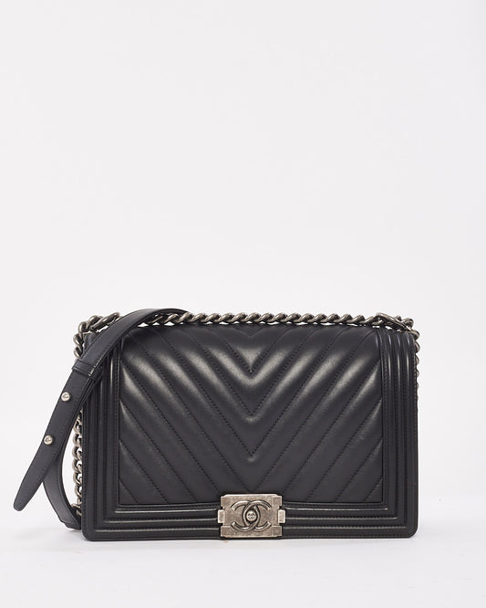Chanel Black Chevron Leather Old Medium Boy Bag