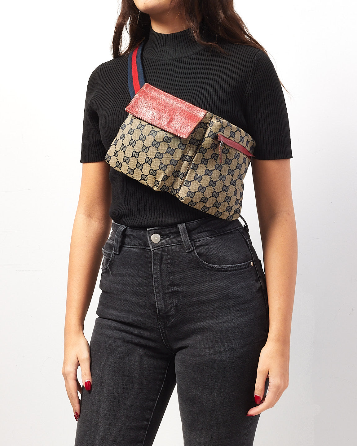 Gucci Red & Navy GG Monogram Web Double Pocket Belt Bag