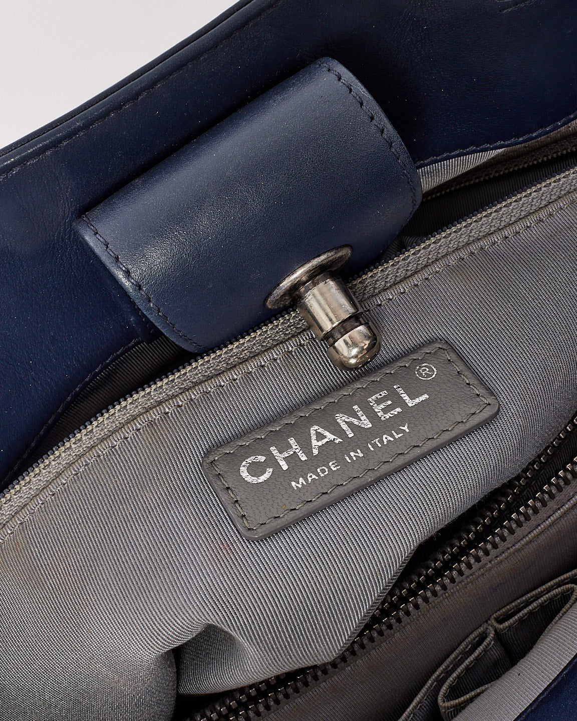 Chanel Navy Chevron Leather Boy Shopping Tote
