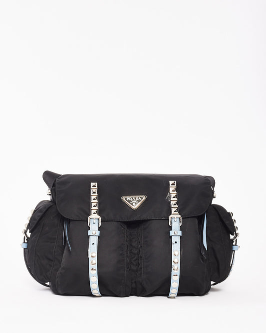 Prada Black & Baby Blue Nylon Studded Large Messenger Crossbody Bag