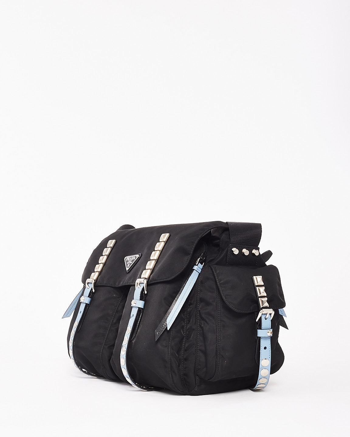 Prada Black & Baby Blue Nylon Studded Large Messenger Crossbody Bag