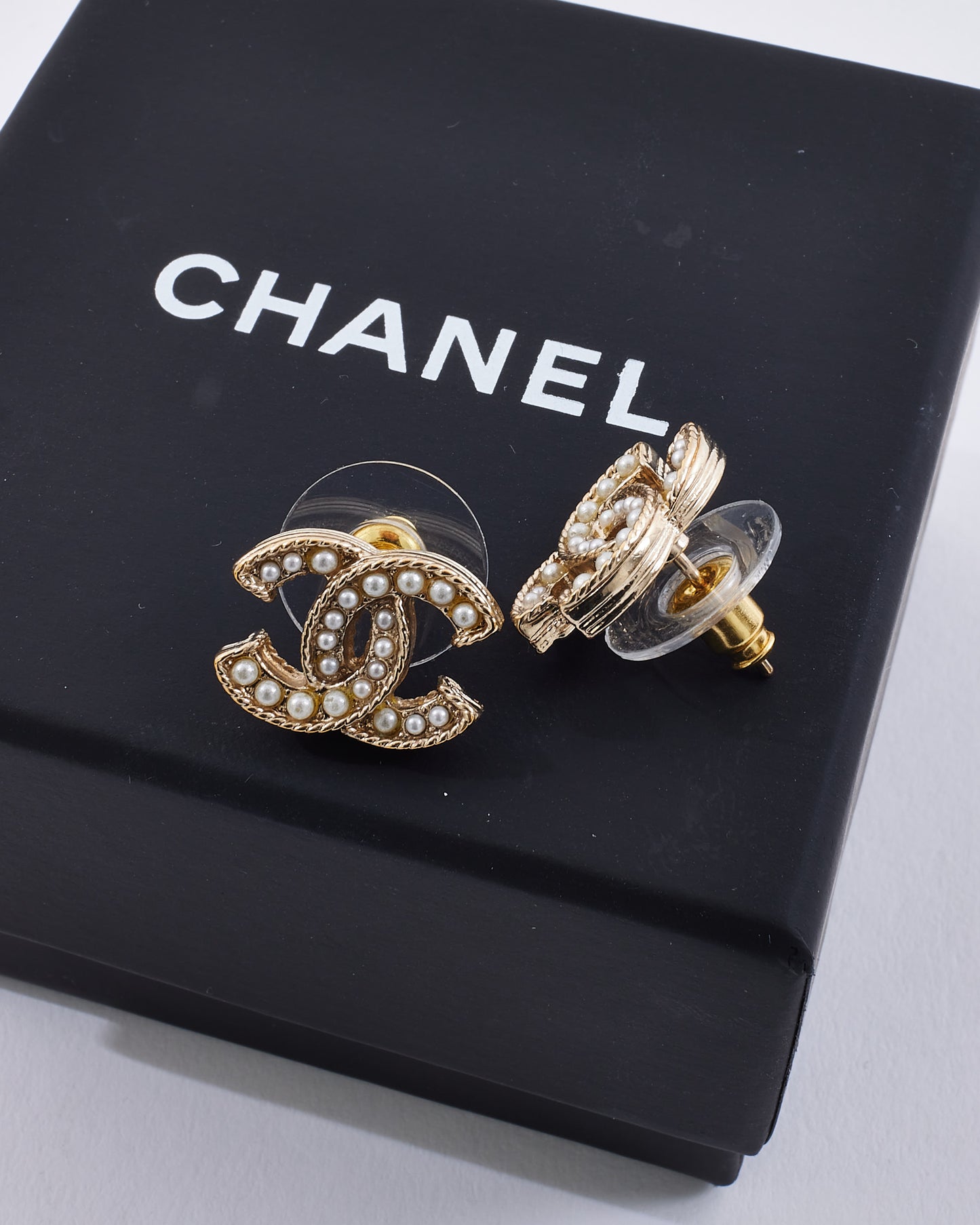 Chanel Gold & Pearl Logo Stud Earrings