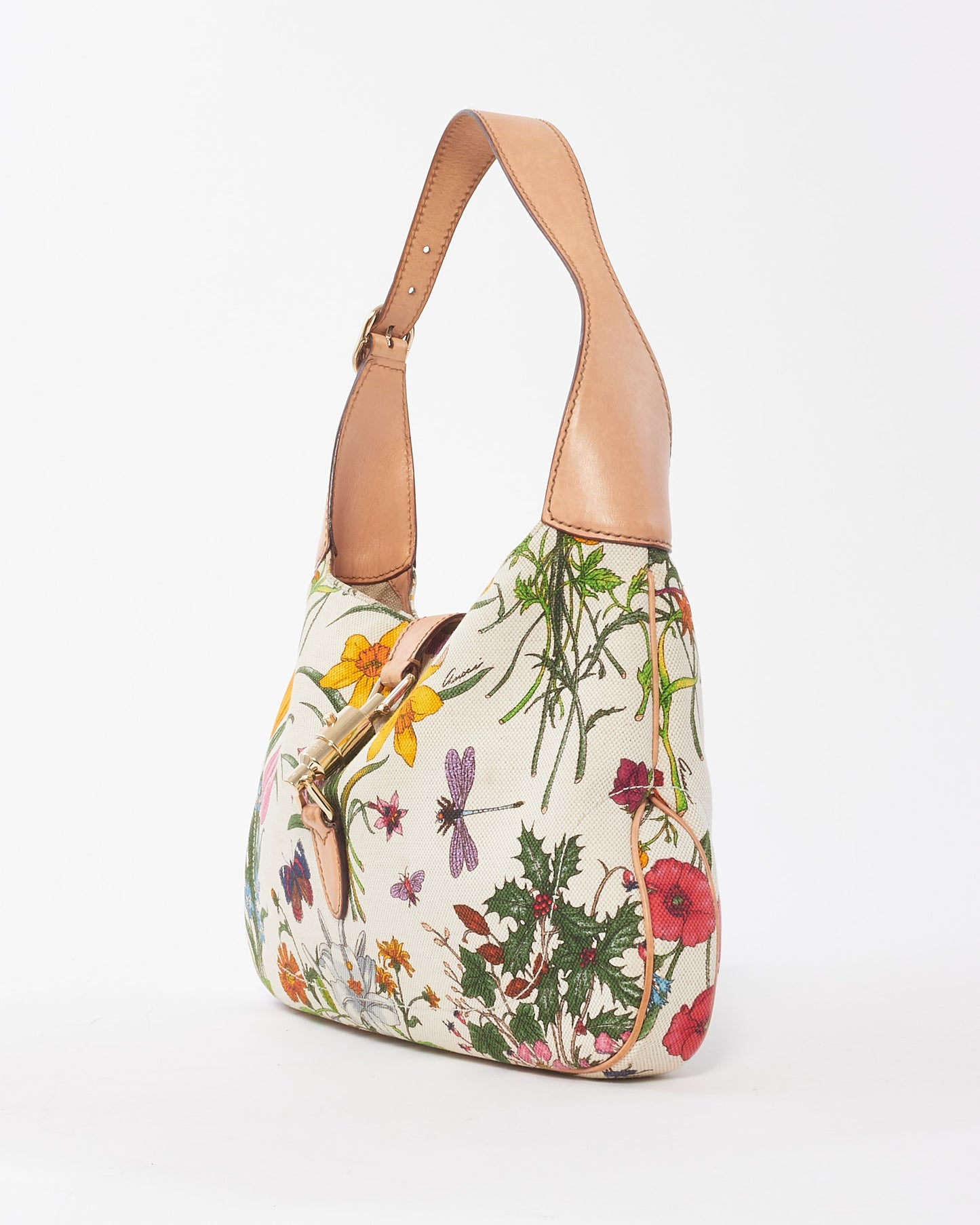 Gucci White Multi Floral Canvas Jackie Shoulder Bag