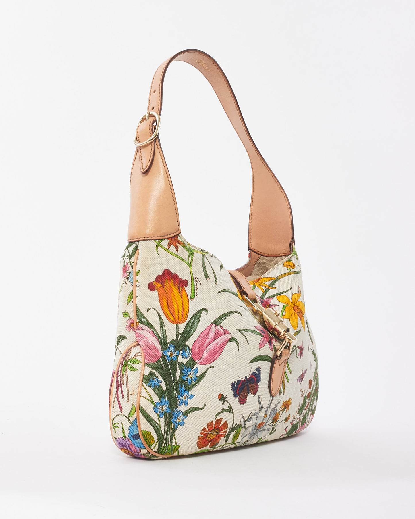 Gucci White Multi Floral Canvas Jackie Shoulder Bag