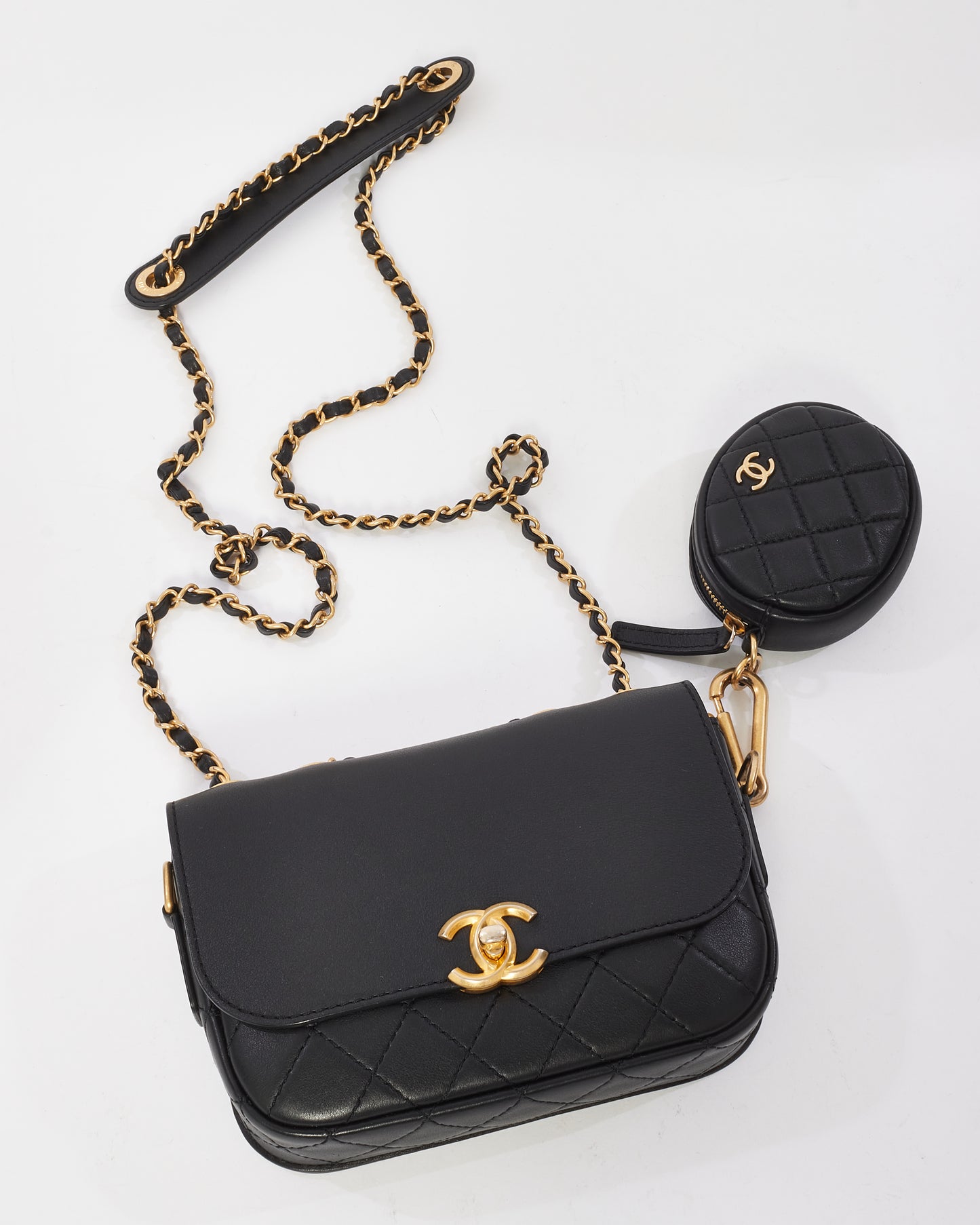 Chanel Black Calfskin Leather Multi Pouching Flap Bag With Coin Purse