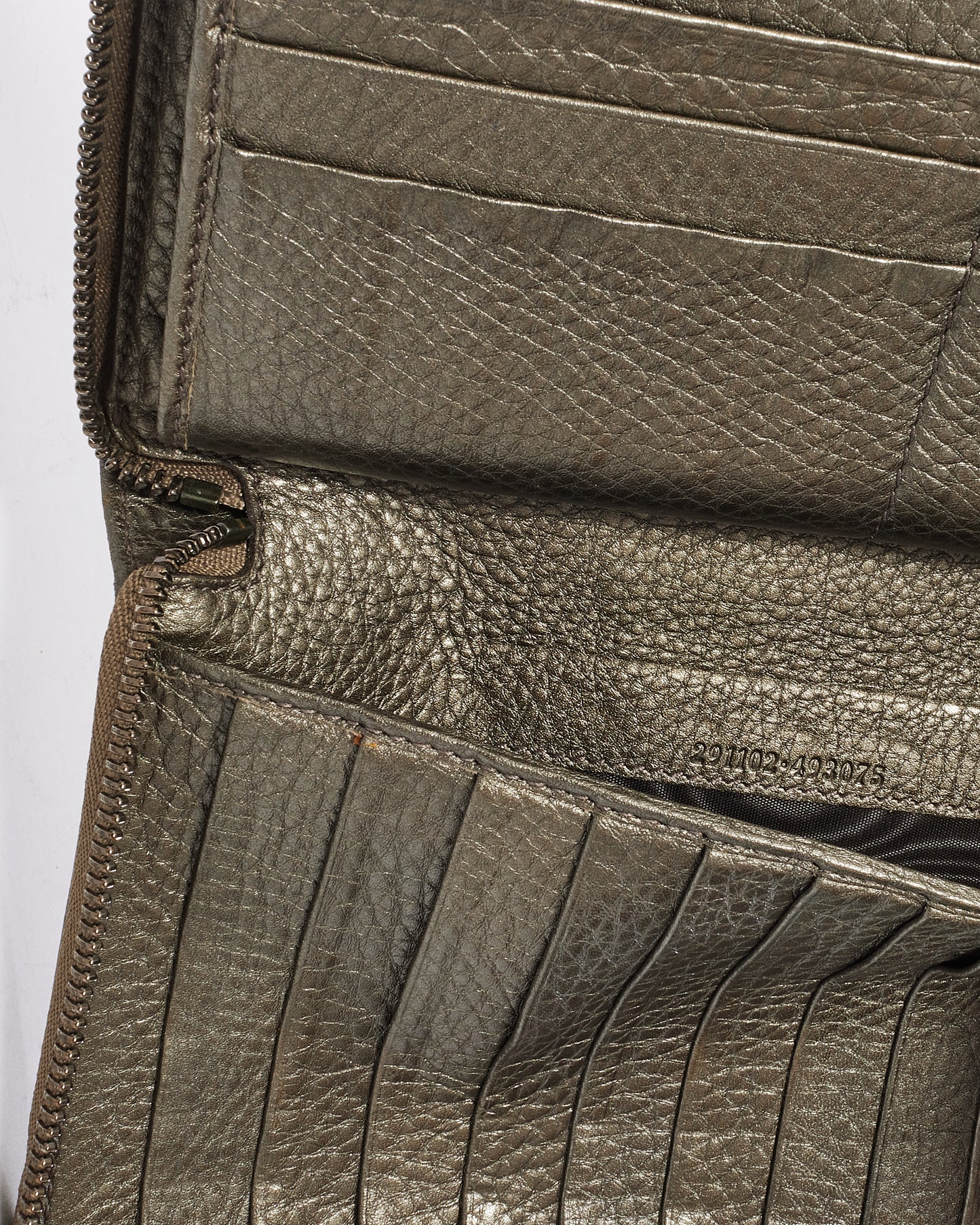 Gucci Metallic Pewter Leather Embossed Soho Logo Long Zip Wallet