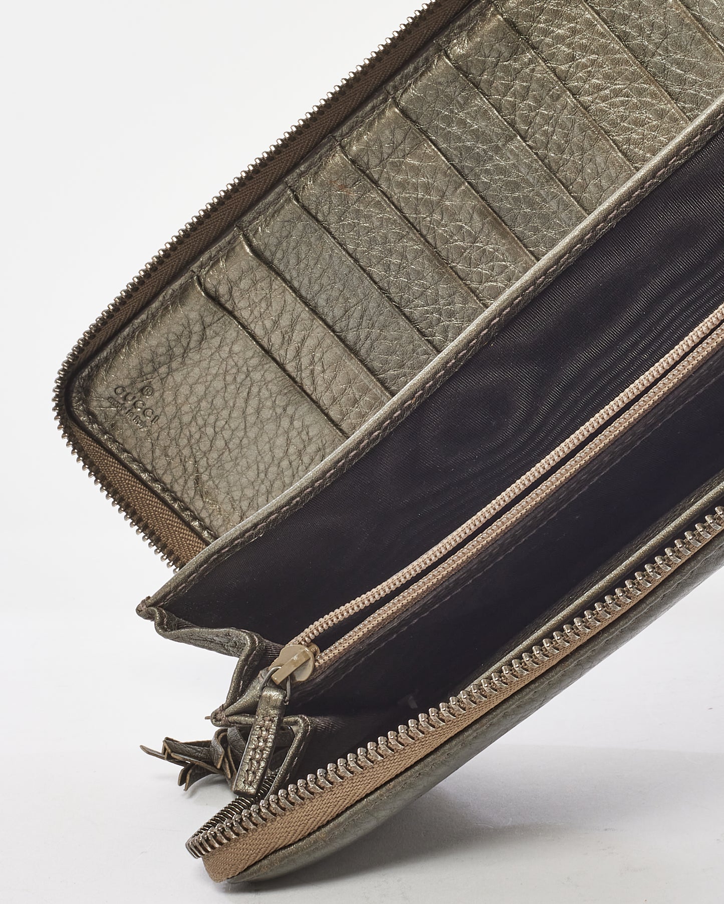 Gucci Metallic Pewter Leather Embossed Soho Logo Long Zip Wallet