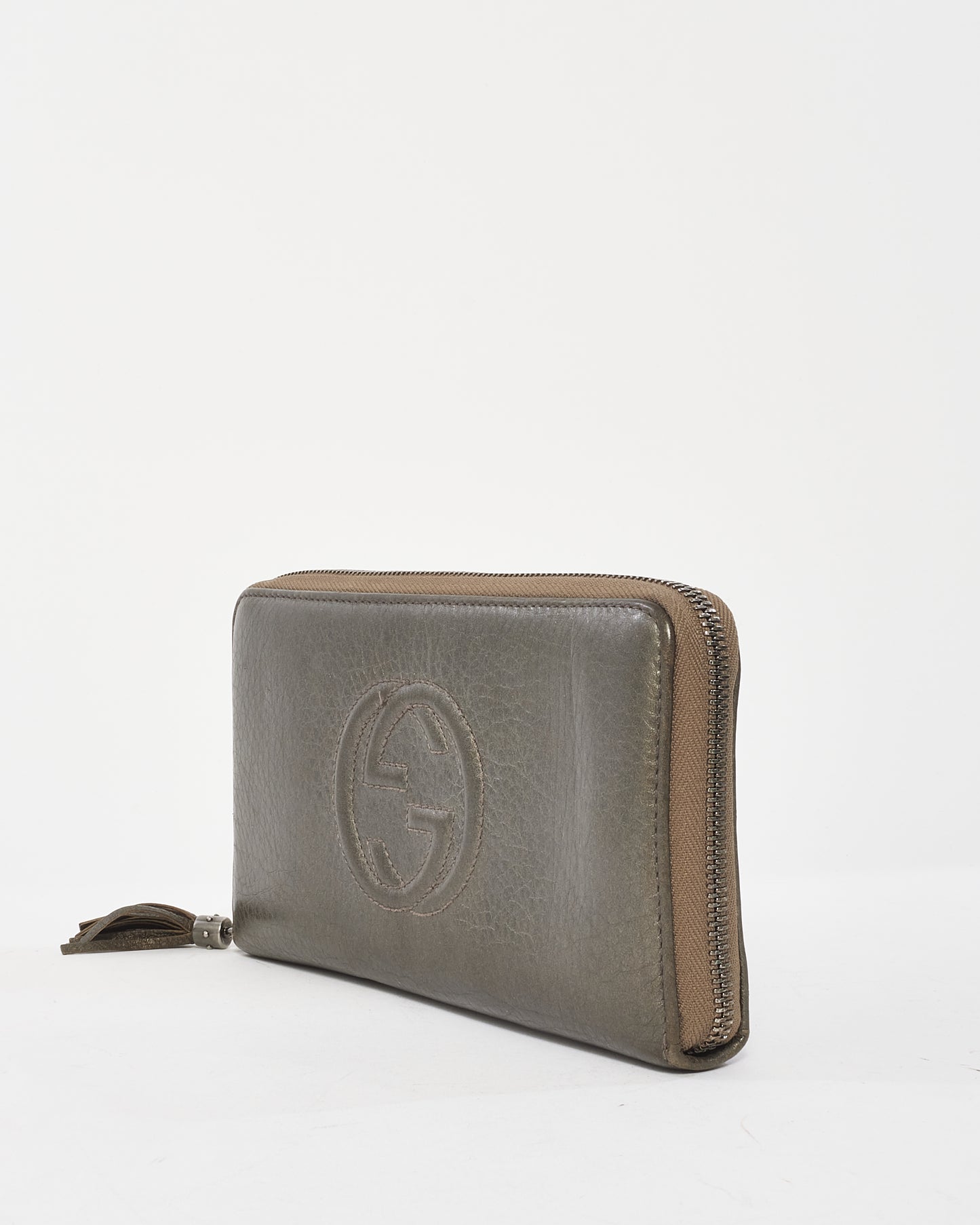 Gucci Metallic Pewter Leather Embossed Soho Logo Long Zip Wallet