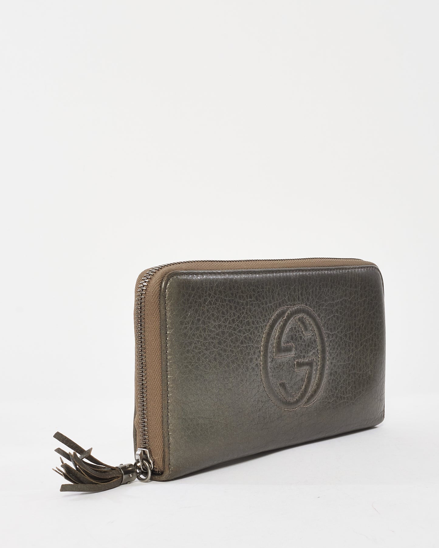 Gucci Metallic Pewter Leather Embossed Soho Logo Long Zip Wallet